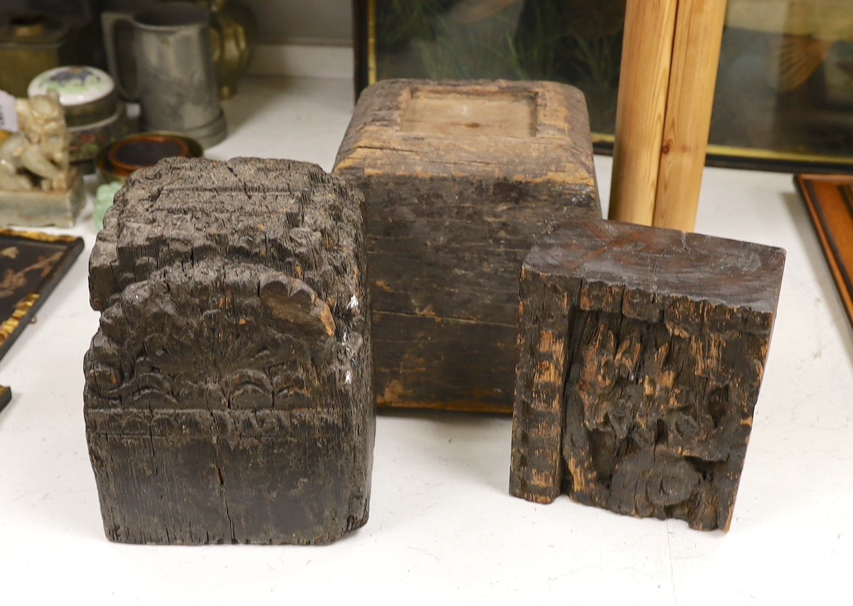 Three Chinese carved wood architectural elements, possibly Ming dynasty